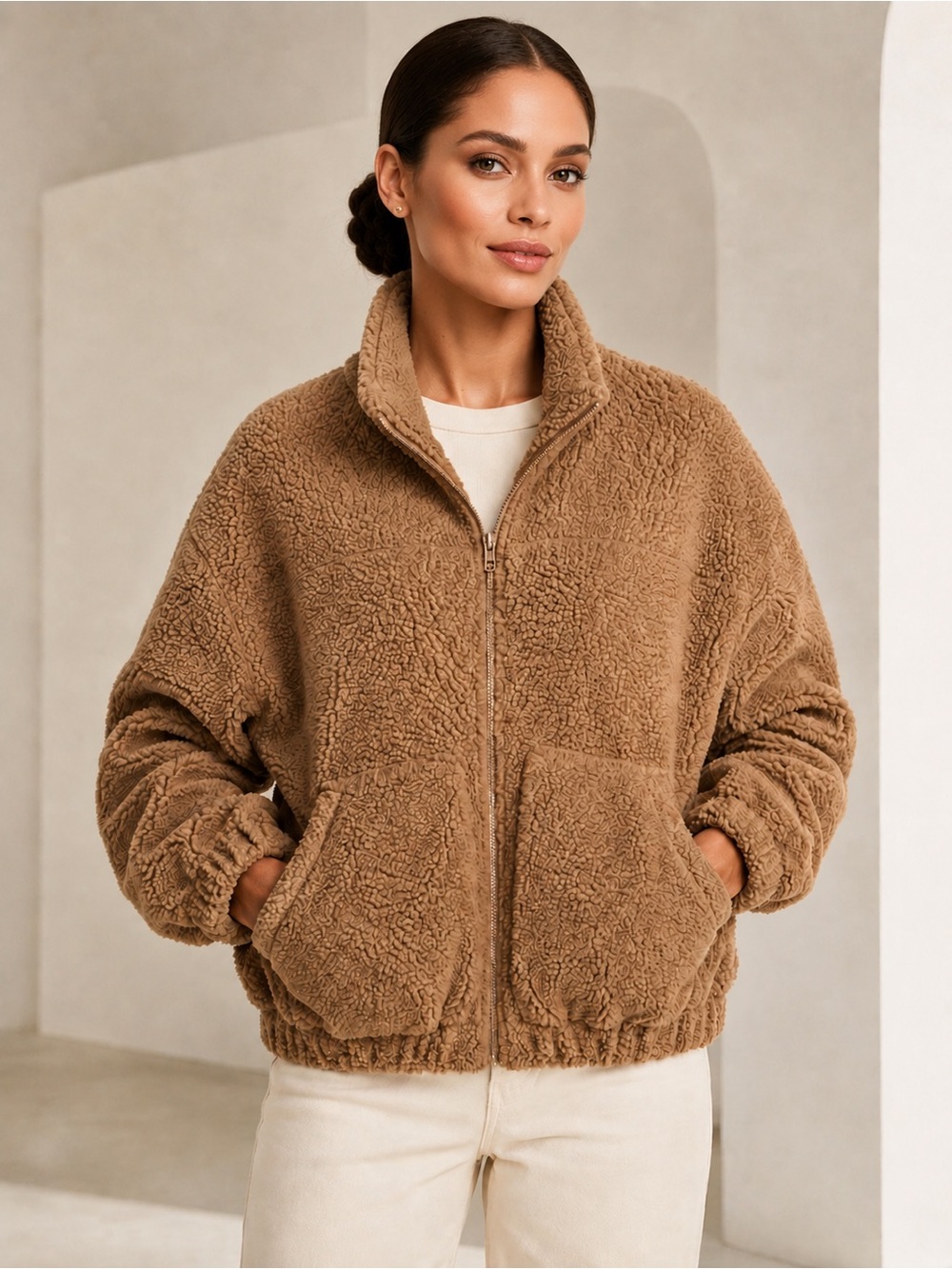 Old Navy Oversized Teddy Sherpa Full- Zip Jacket in Camel Brown (NWOT)